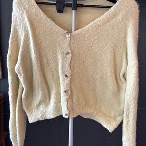 Women's Fuzzy Oversized Cream/Light Yellow Cardigan Sweater